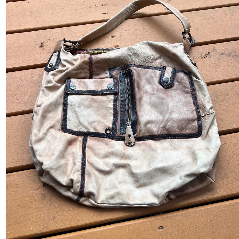 Latico‎ Leathers Distressed Tan Leather Hobo Bag Floral Lining Boho Shoulder Bag